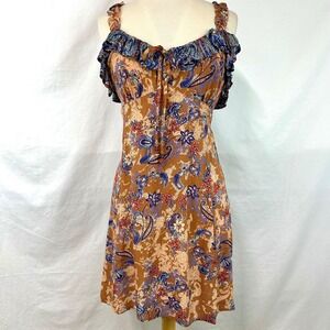 ANGIE Paisley Floral Babydoll Ruffles Sleeveless Mini Dress Orange Blue Womens M